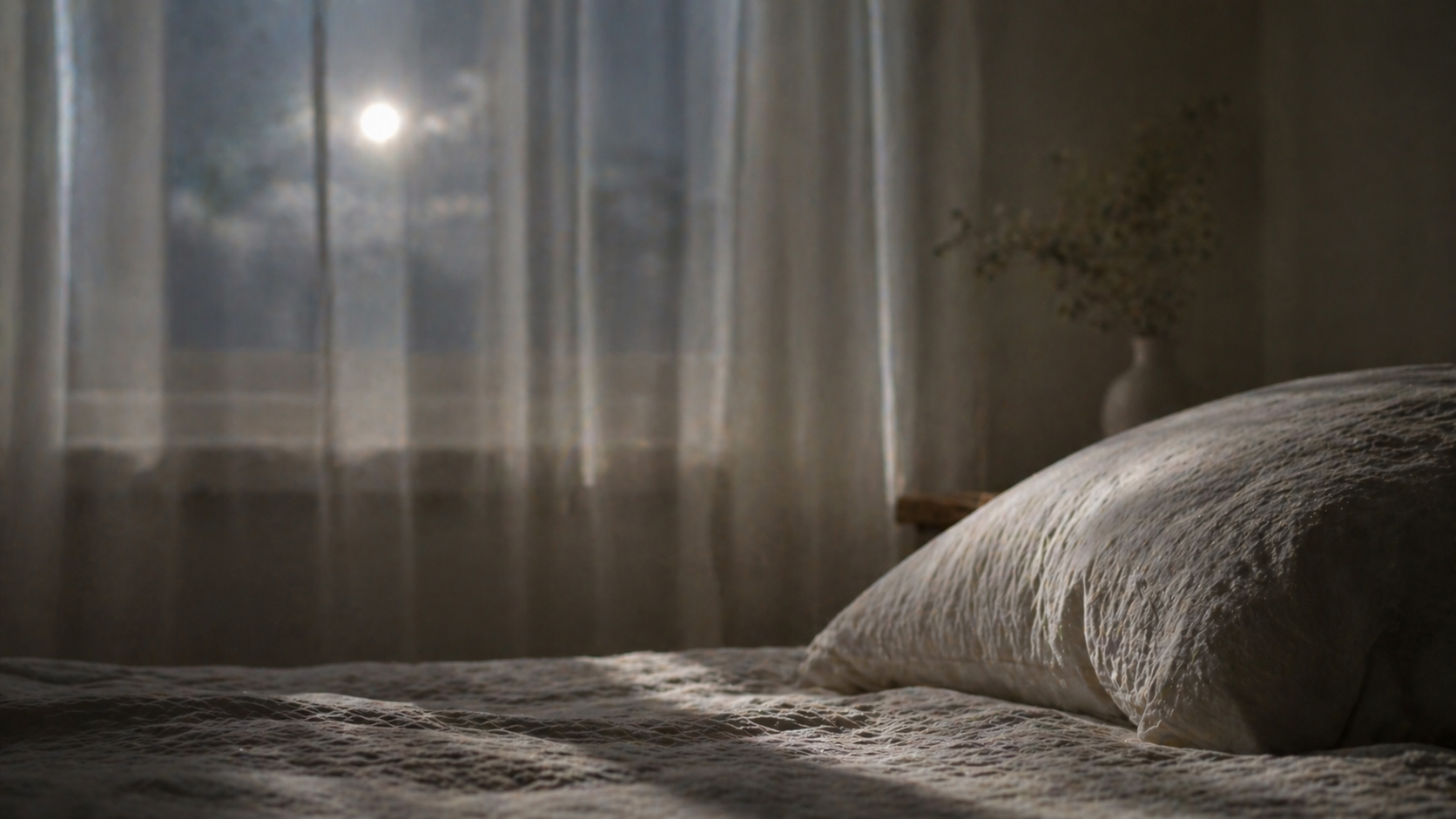 Moonlight through a curtained window, still and peaceful, nighttime quiet