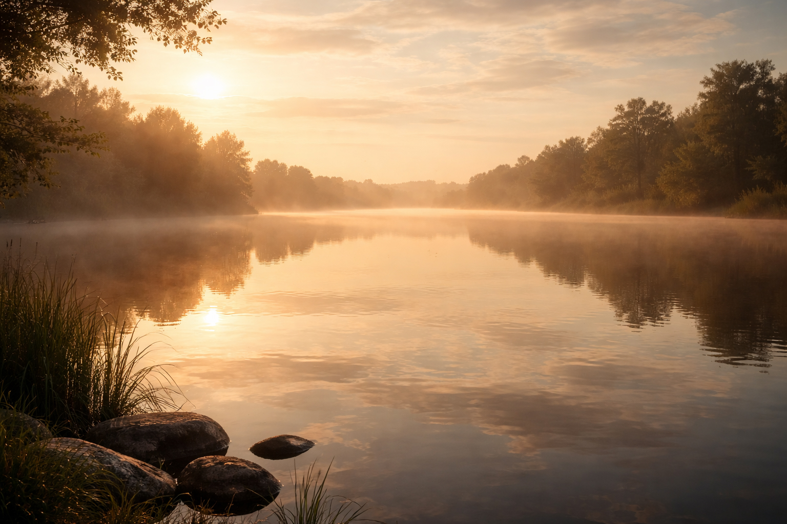 Calm water reflecting morning sky, peaceful and still