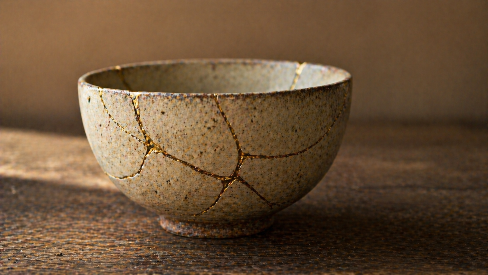 Cracked but not broken pottery in warm light, wabi-sabi and honest