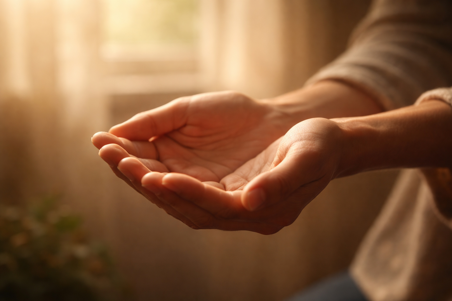 Open hands in soft golden light, symbol of compassion and giving