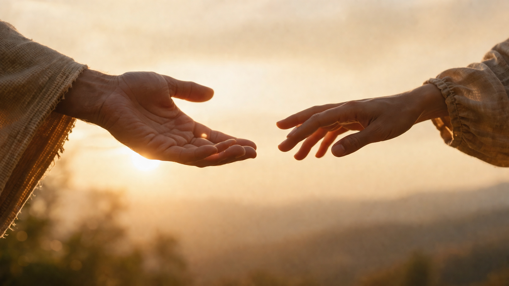 Two hands reaching toward each other in warm light