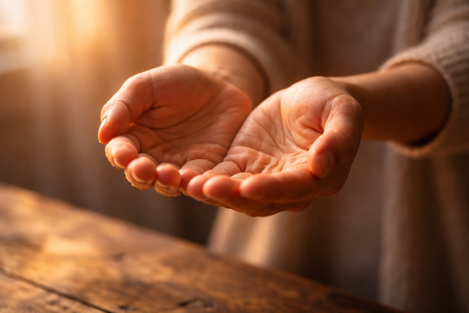 Hands cupped open, offering, in warm golden light