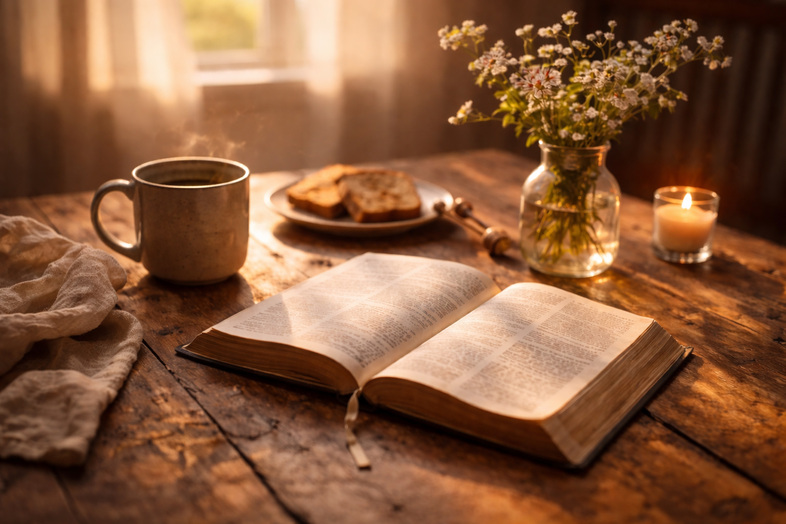 Morning coffee and open Bible on a sunlit table, simple and warm