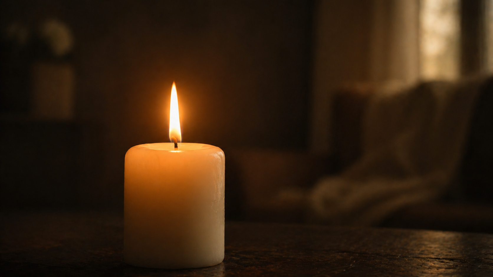 Single candle glowing in a quiet dark room, steady and warm