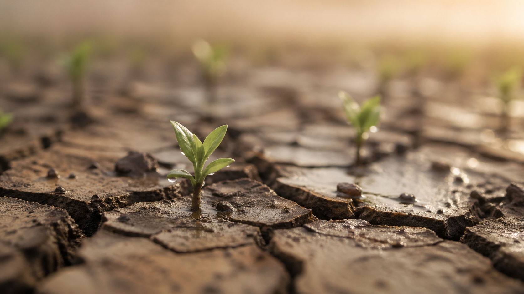 Green shoots emerging from cracked dry earth, new life after difficulty