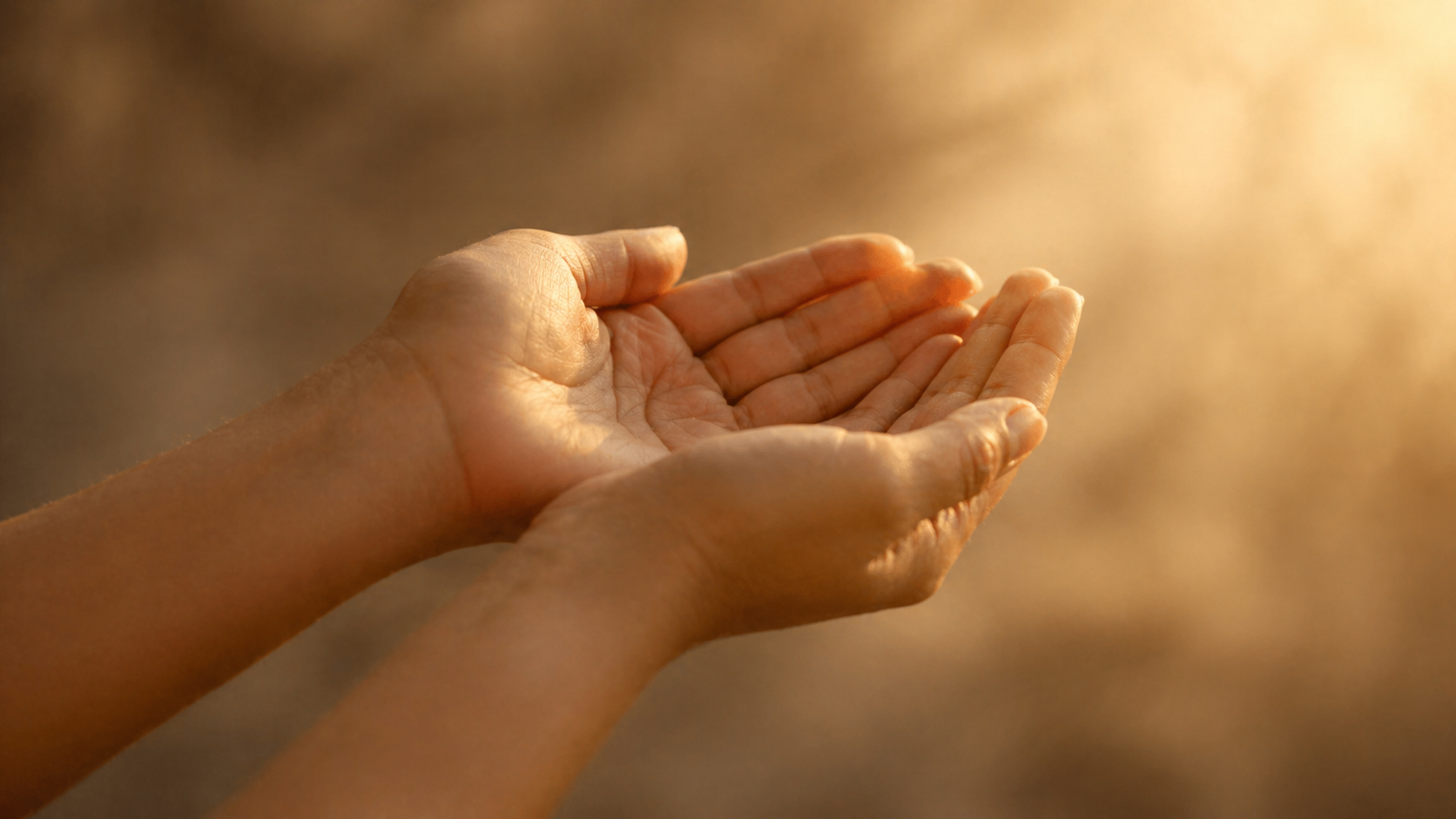 Hands clasped in prayer, soft warm light, gentle and still