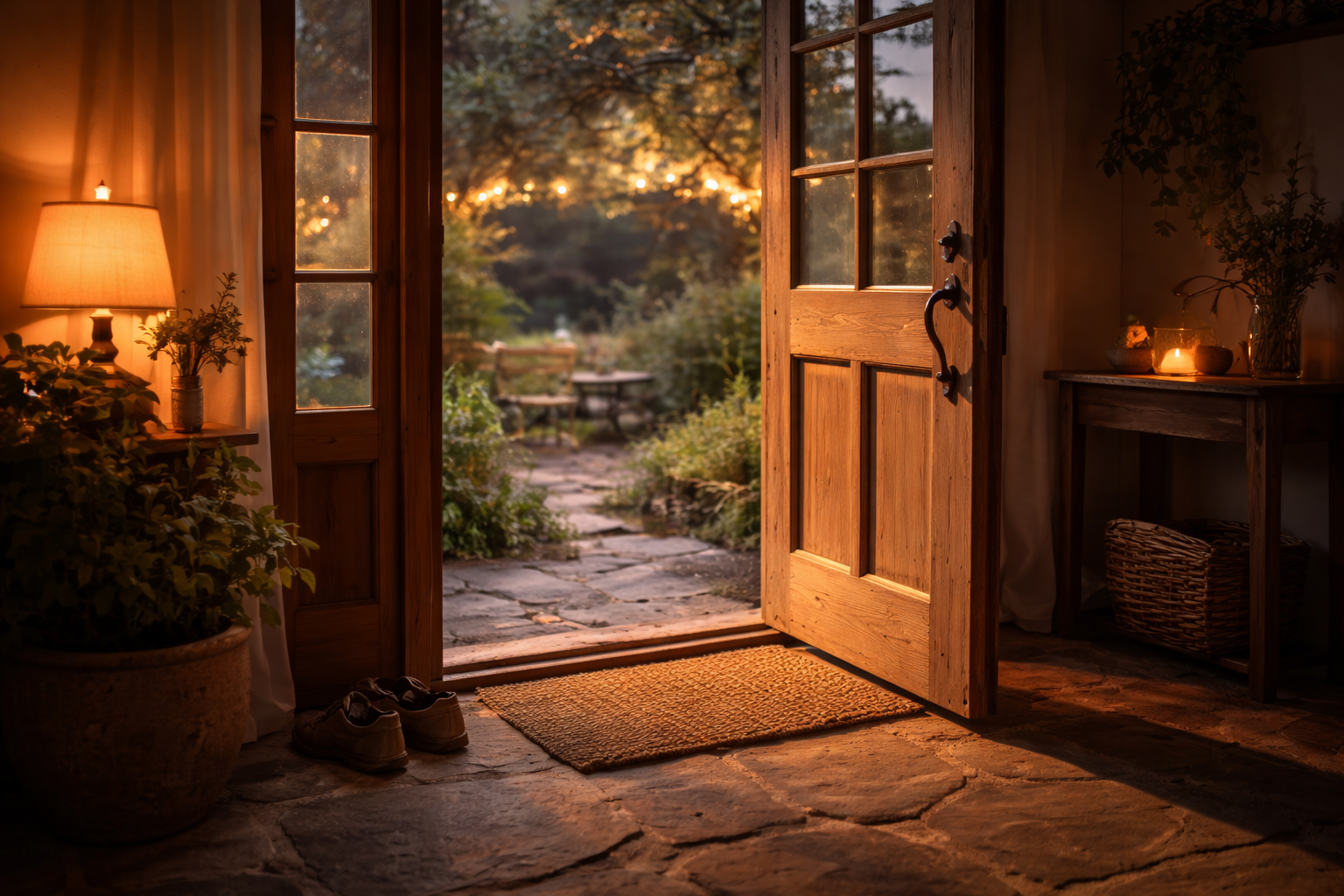 An open door with warm light spilling out into the evening