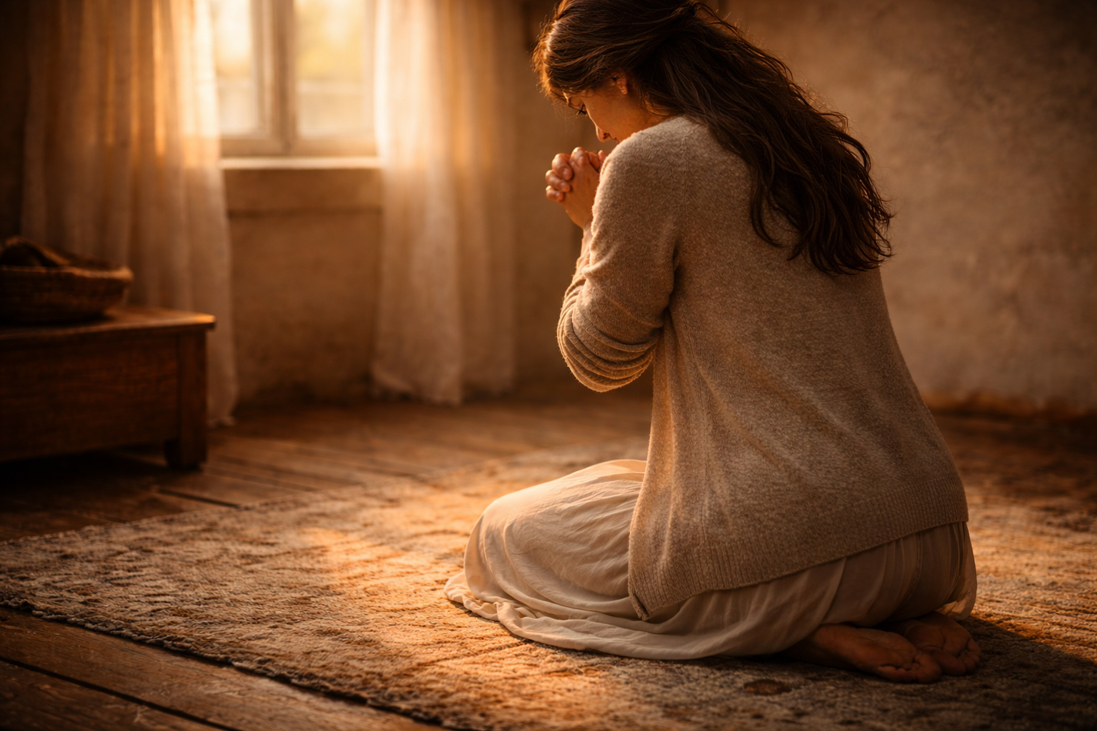 A person kneeling in prayer in soft morning light
