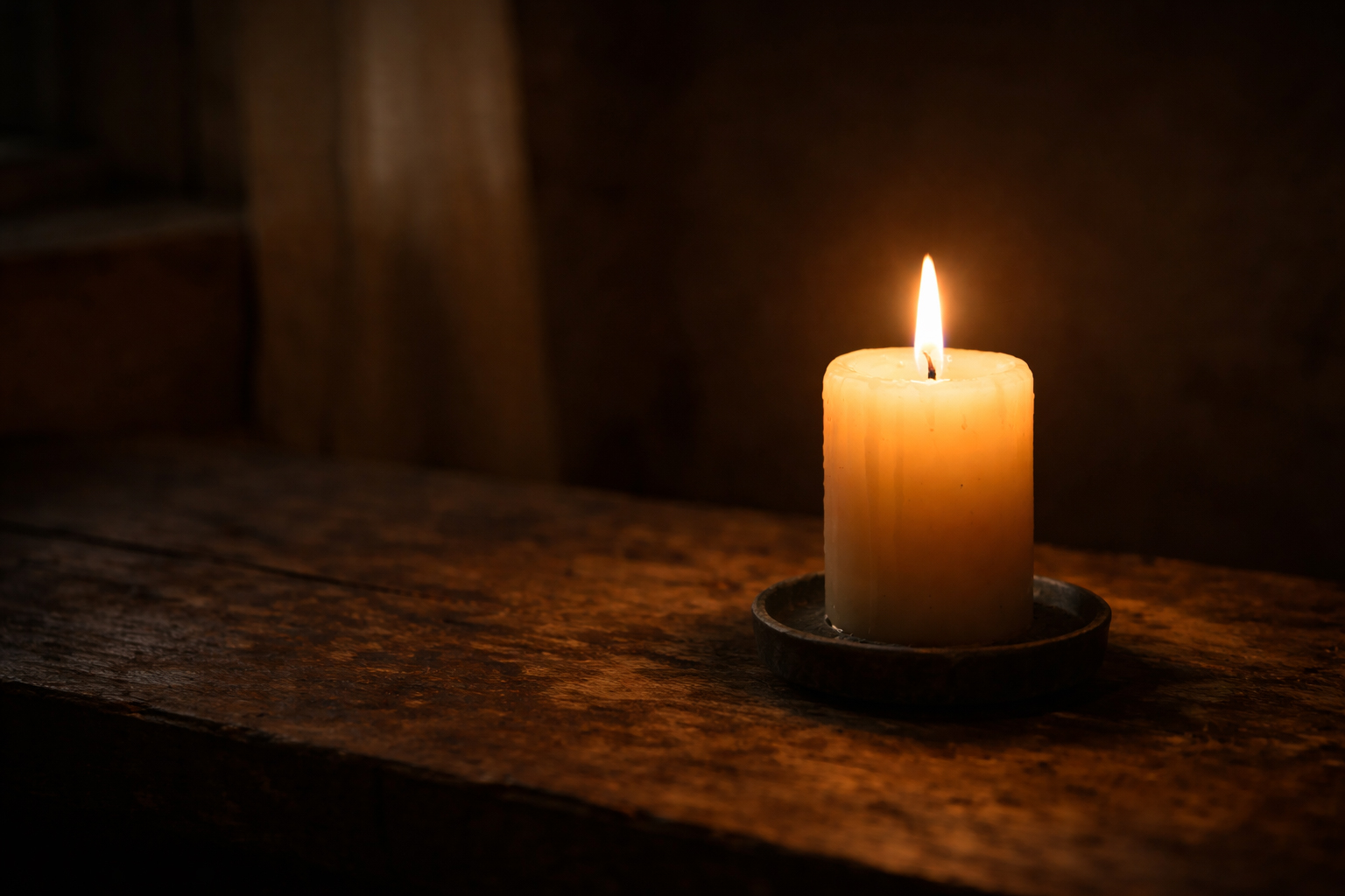 Single candle flame in a quiet dark room, still and steady