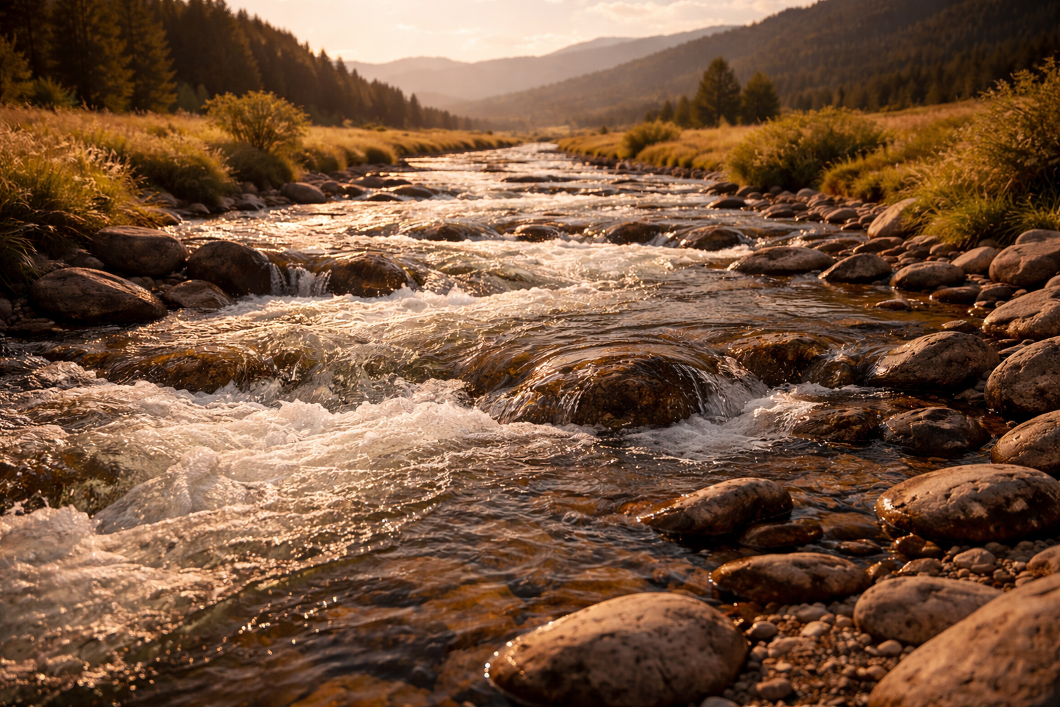 A river flowing strong and clear through open land