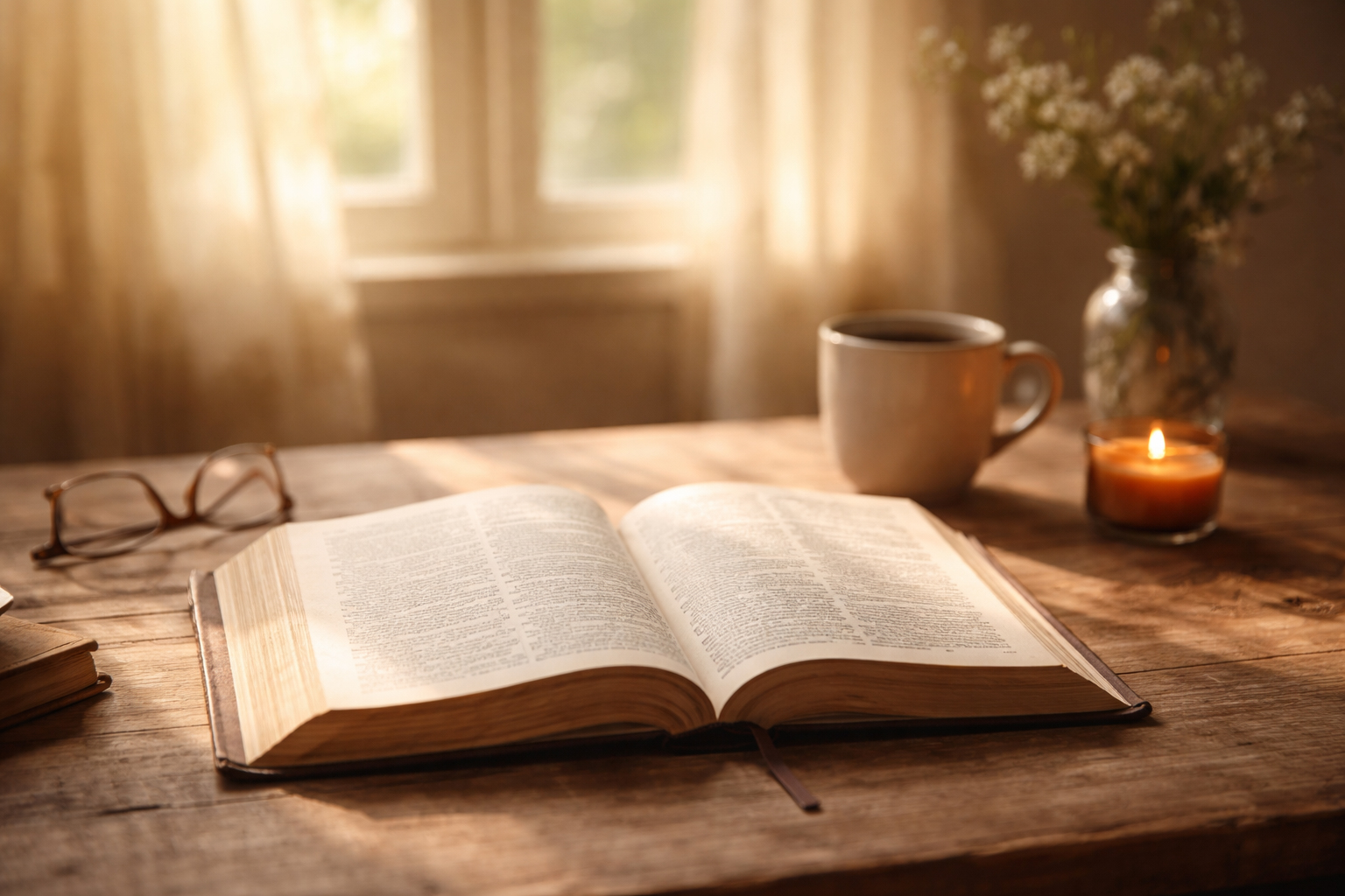 Soft morning light through a window, open Bible on a wooden table