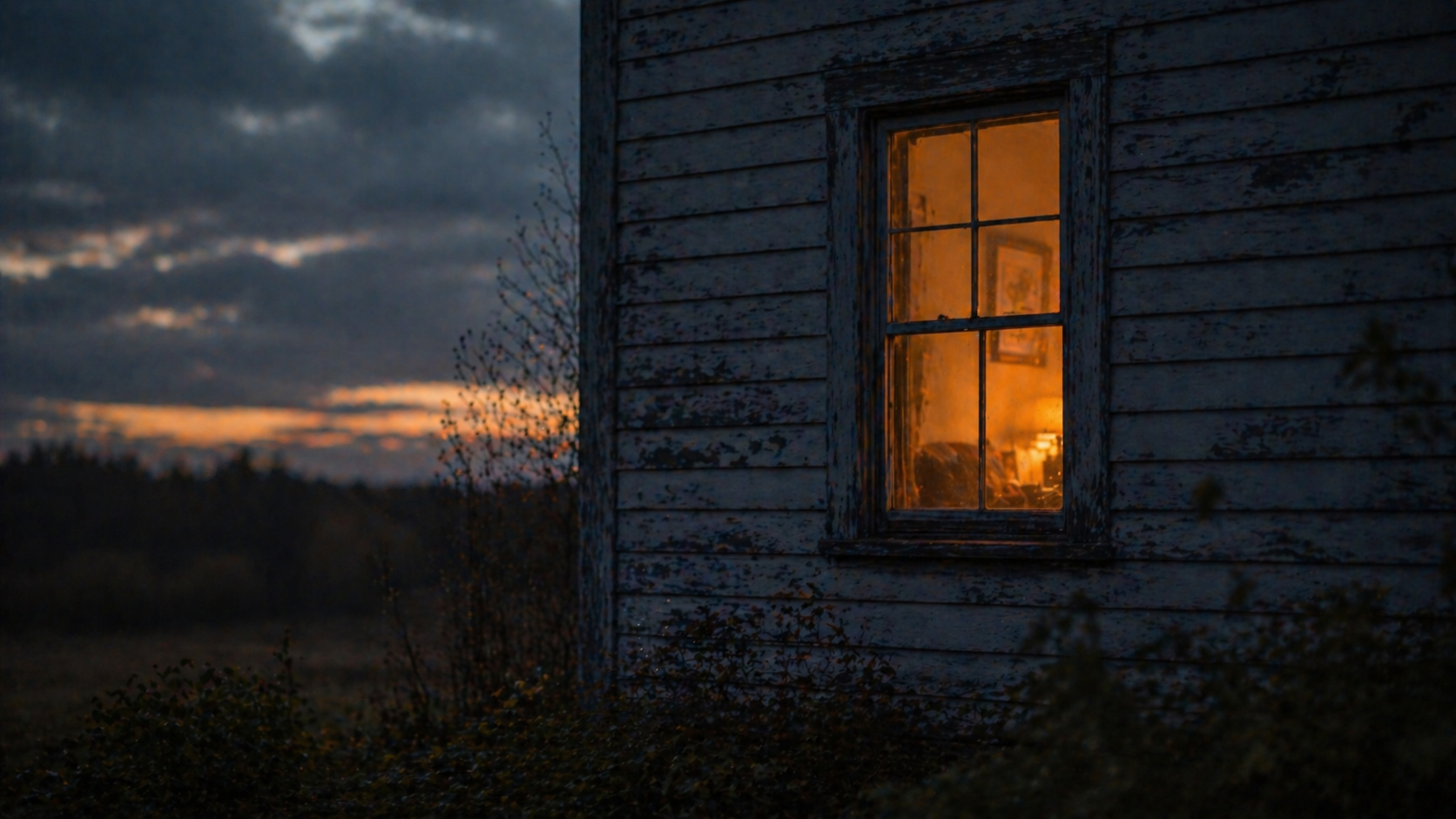 A single lit window in the evening, warm light inside, quiet outside
