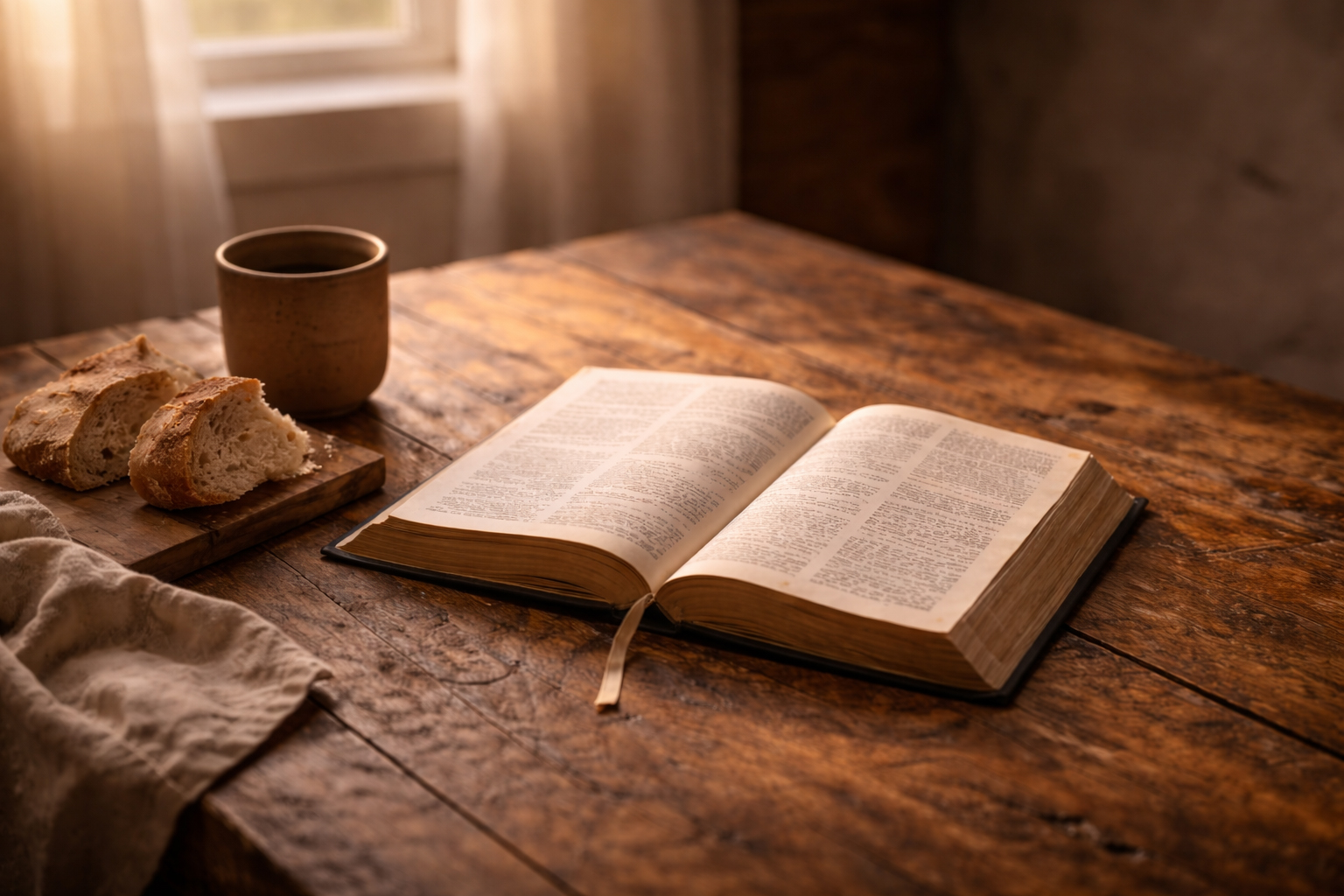 Open Bible beside a simple wooden table, morning light