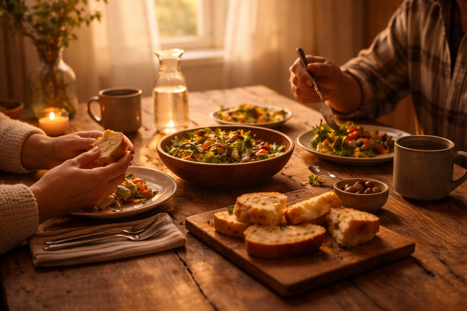Two people sharing a meal at a simple table, warm light