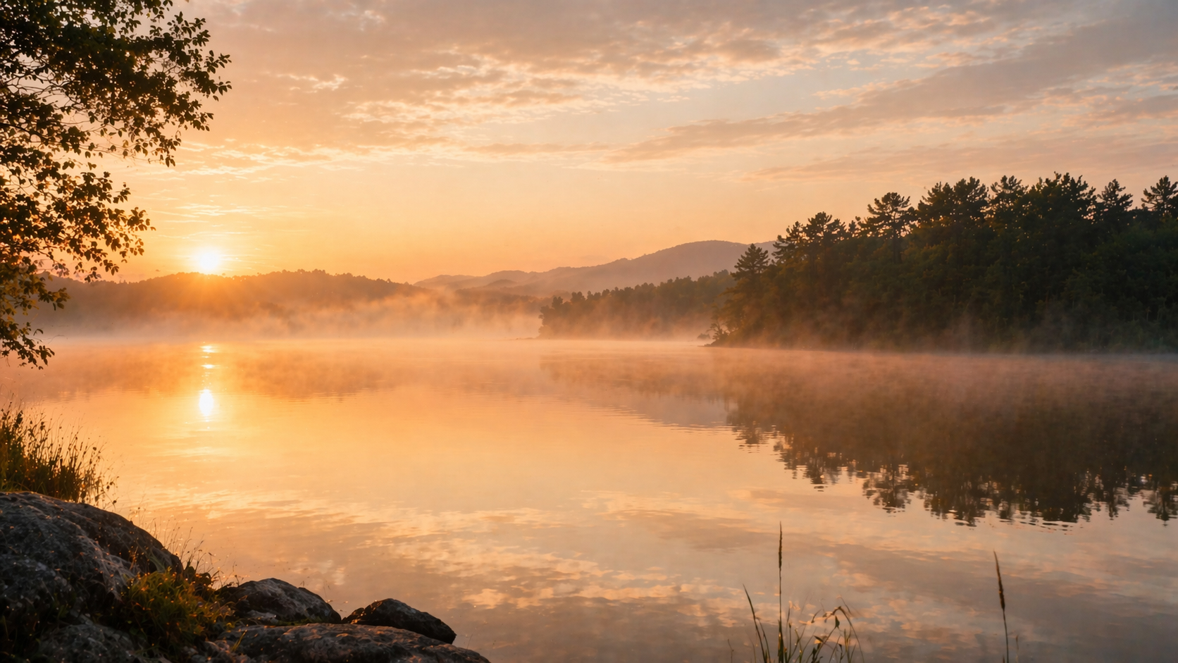 Still lake at dawn, mist rising, perfect quiet