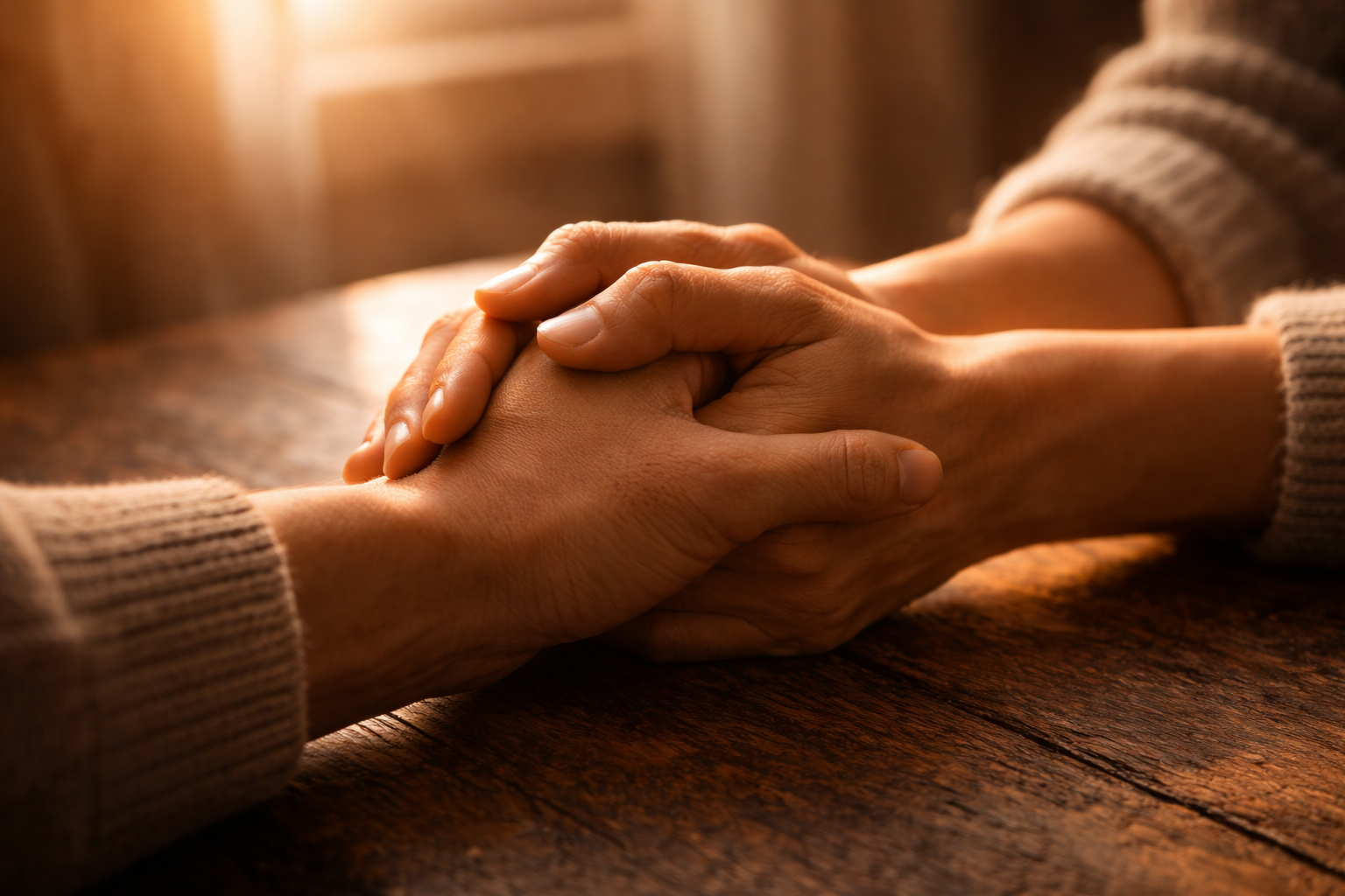 Two hands clasped together in reconciliation, warm light