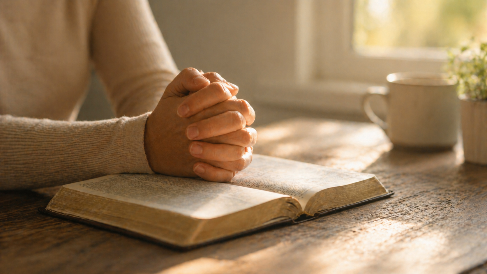 Folded hands resting on an open Bible, quiet morning light