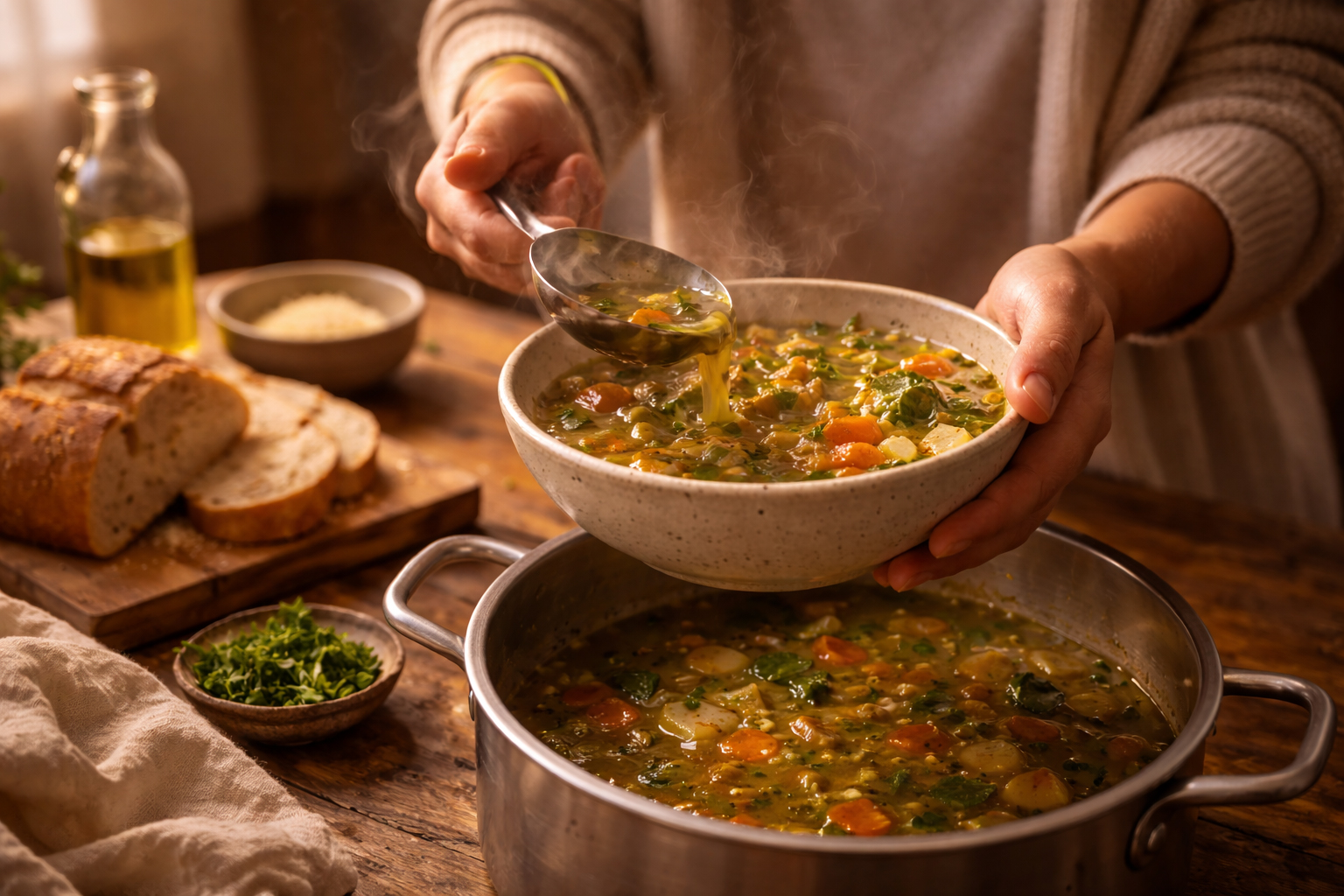 Hands offering a bowl of food, warm and generous light