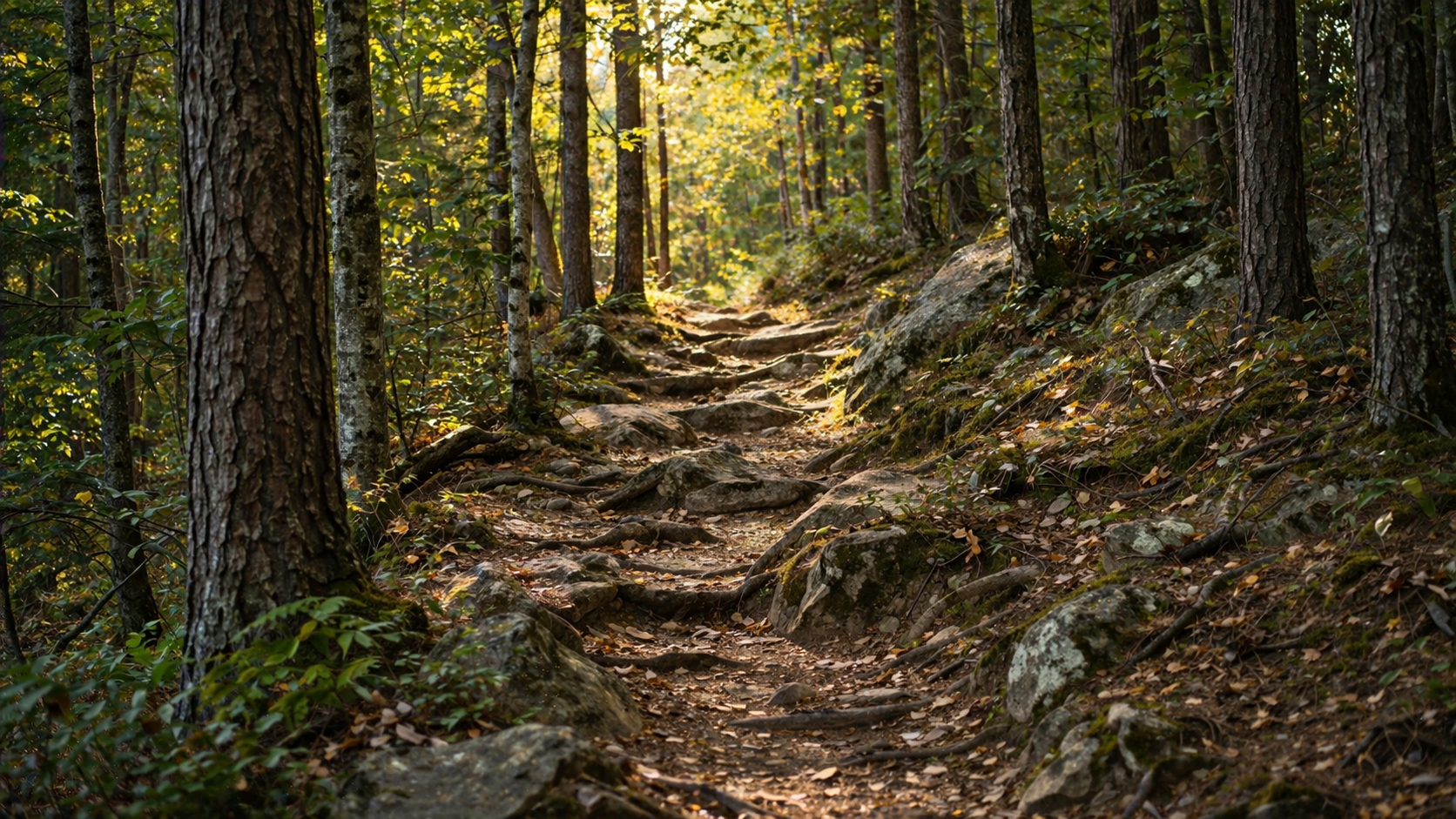 Rocky path through a forest, dappled light ahead, difficult but beautiful