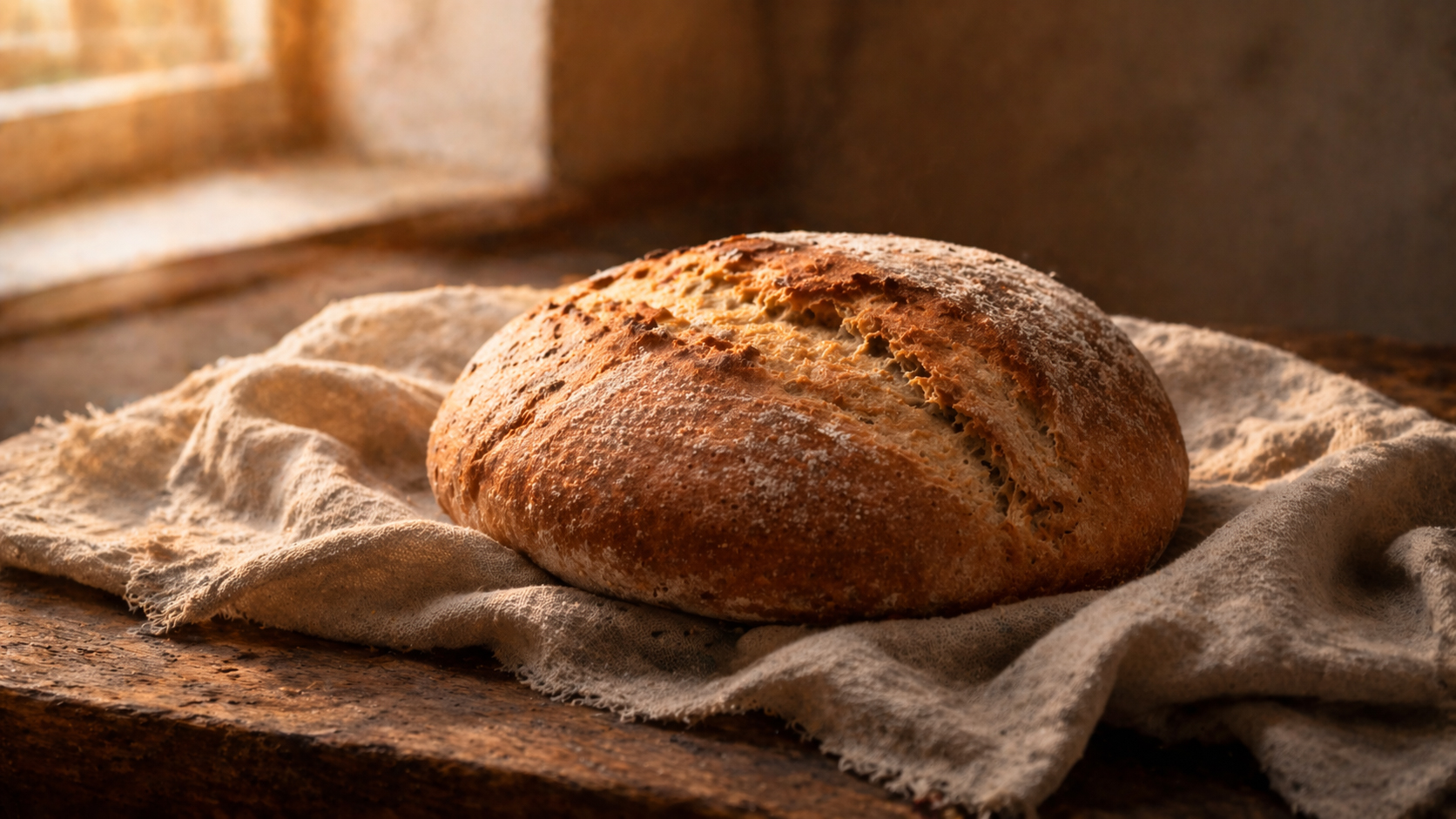 Simple loaf of bread on a cloth, humble and warm