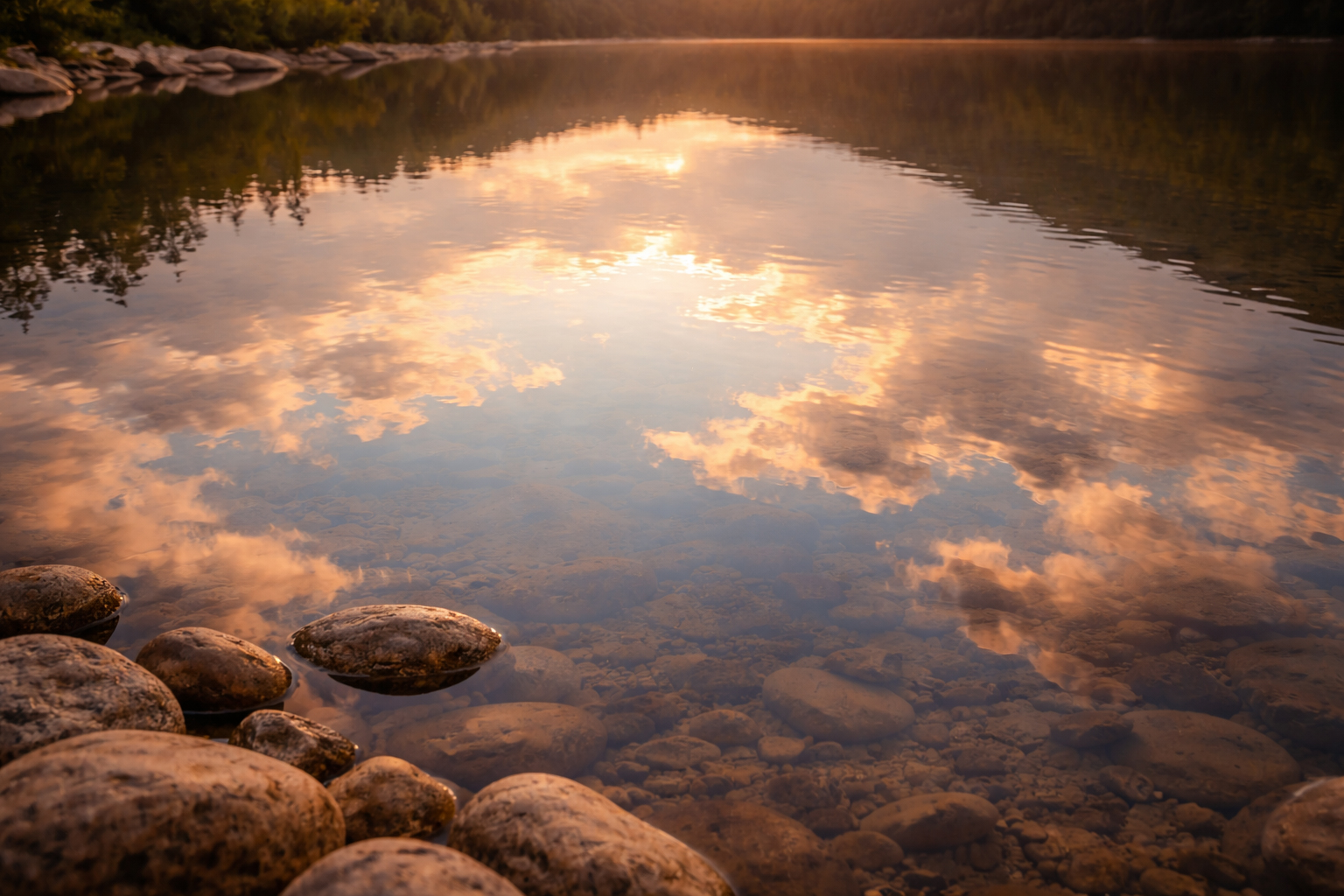 Clear water in a still pool, perfectly reflecting the sky