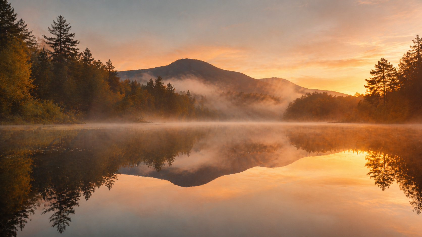 Still water at dawn, patient and reflective, light just beginning
